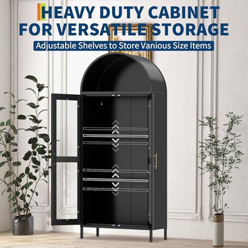 Garvee 73" Tall Arched Cabinet with Glass Doors and Adjustable Shelves | Black Arched Bookcase & Bookshelf, Freestanding Display Cabinet for Dining, Kitchen, Living Room, Powder-Coated Finish