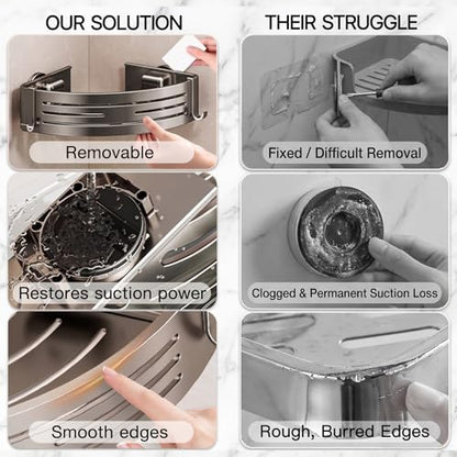 Shower Caddy Suction Cup, Rustproof Aluminum Shower Shelves with Hooks, No-Drilling Upgrade Bionic Suction Cup Shower Organizer, Removable Bathroom Storage Corner Shelf (Grey)