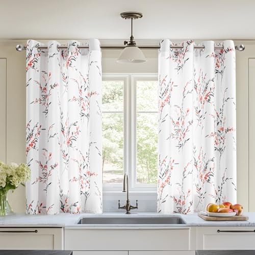 MYSKY HOME Short Floral Curtains 45 Inch Length 2 Panels for Cafe | Thermal Insulated Light Filtering Room Darkening Leaf Pattern Printed Grommet Top for Bedroom Bathroom, 52" W, Coral - color: B-coral, size: 52"W x 45"L (Pack of 2)
