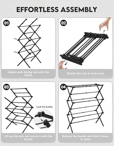 3-Tier Metal Folding Clothes Drying Rack, Laundry Drying Rack Clothing | Collapsible Dryer Racks for Laundry | Indoor & Outdoor,Black - color: Black