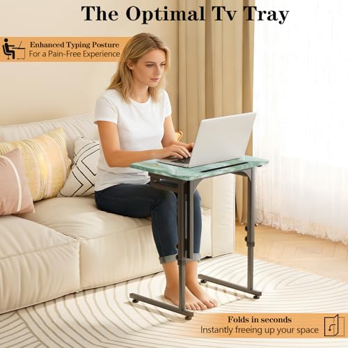 Adjustable Folding TV Tray, C-Shaped Foldable Table, No assembly(Sea Blue) | Heavy-duty steel frame, Height adjustable, Folds flat for storage, For Couch, Small Space, Living room - color: Sea Blue+black