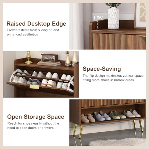 Shoe Storage Cabinet with with 2 Flip Drawers, Entryway Shoe Rack Organizer with Water Ripple Textured Front, Slim Shoe Cabinet with Gold Metal Legs for Hallway, Living Room, Walnut - size: 9.4"D x 31.5"W x 42.9"H