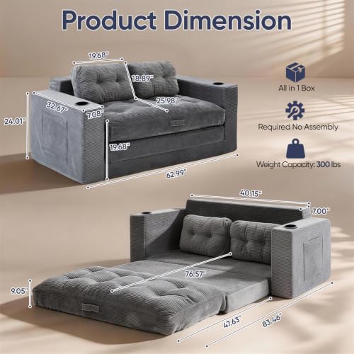Loveseat Sleeper Sofa Bed, Boneless Convertible Corduroy Pull Out Couch with Cup Holders and 2 Pillows, Space Saving Sofa Bed for Small Spaces, Living Room, Bedroom (Grey) - color: Dark Grey, size: Loveseats