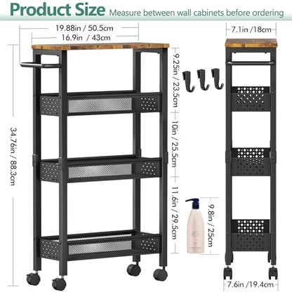 Vivihomety 4-Tier Slim Utility Rolling Laundry Cart with Wheels, Metal | Narrow 7.1" wide, Lockable wheels, wood top panel, metal frame, with handle, for laundry, bathroom, kitchen, black - color: Black, size: 7.1 inch wide