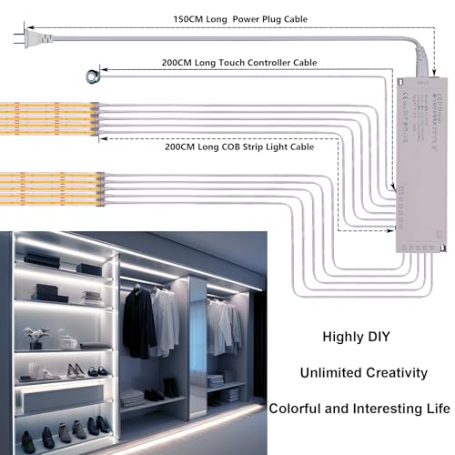 BENLUN 12V COB LED Under Cabinet Strip Lighting Cuttable 32.8ft for Kitchen | 6000K Cool White LED Strip Lights Dimmable Adhesive 8W/M CRI 93 with Dimmer and Power Supply for Bookcase Shelf Display - color: Cool White 6000K