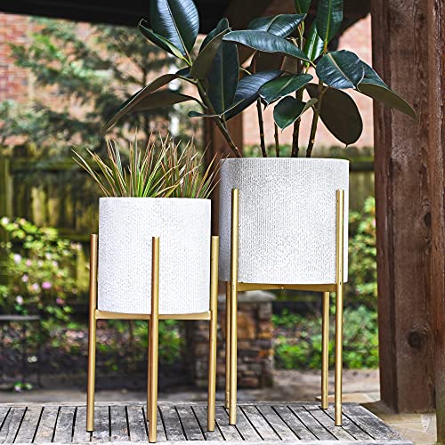 Main + Mesa Modern Boho Embossed Metal Planters with Stands, White and Gold, Set of 2 Sizes - color: Light Grey With Gold Stand