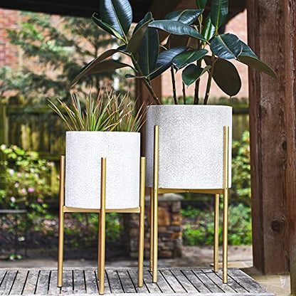 Main + Mesa Modern Boho Embossed Metal Planters with Stands, White and Gold, Set of 2 Sizes - color: Light Grey With Gold Stand