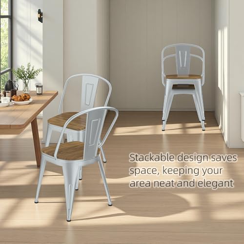 18 Inch Dining Chairs Set of 4, Farmhouse Metal Chairs with High Back and Wooden Seat, Stackable Industrial Bar stools for Dining Room(Silver) - color: Silver