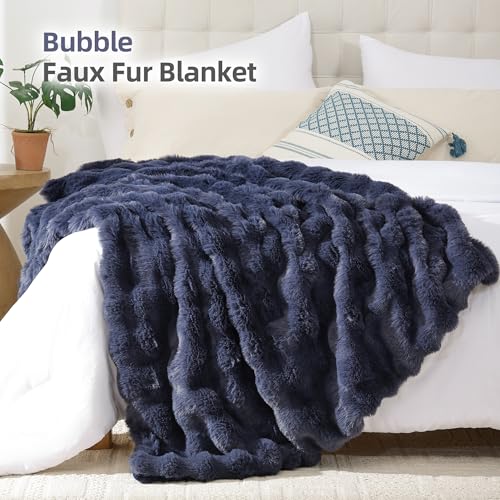 Faux Rabbit Fur Throw for Couch - Navy Blue Bubble Blanket 50"x60" | Fluffy Plush Fuzzy Throw for Sofa & Bed, Super Soft Cozy Comfrt Blanket, Luxury Aesthetic Navy Blue Decor Gift for Women - color: Navy Blue, size: Throw(50" x 60")