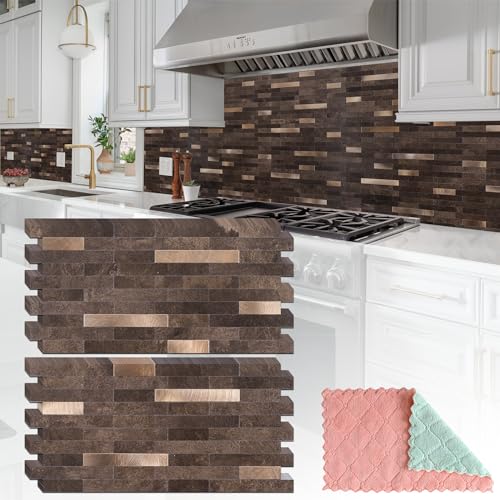 StyloVue 20 Sheets Peel and Stick Backsplash for Kitchen, Dark Brown with Metal Gold Look Stick on Tile Upgrade Your Kitchen Backsplash, RV, Fireplace - color: Dark Brown With Metal Gold