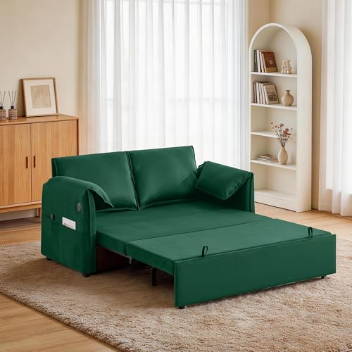 63" 3-in-1 Velvet Convertible Sleeper Sofa Bed, Modern Adjustable Backrest Loveseat Pull Out Couch with USB & Side Pocket, Small Space Love Seat Sofa Bed for Living Room, Bedroom, Green Velvet - color: Green