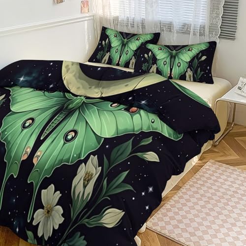 Boho Green Moth Moon 3 Piece Reversible Bedding Set 86"x70",Double Sided Brushed Microfiber Duvet Cover Set with 2 Pillowcases Soft Breathable Comforter Cover for Home - color: Boho Green Moth Moon, size: 86"x70"