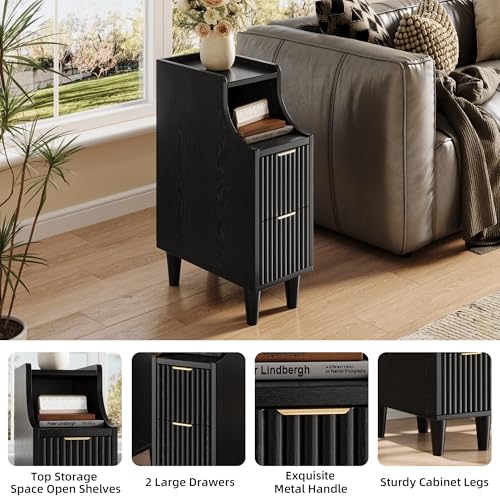 Fluted Nightstands Set of 2,Narrow Bedside Table with 2 Drawers & Storage, Farmhouse Walnut End Table Modern Side Table for Bedroom Livingroom Sofa Office, Small Space - color: Black,7.9" With 2 Drawers