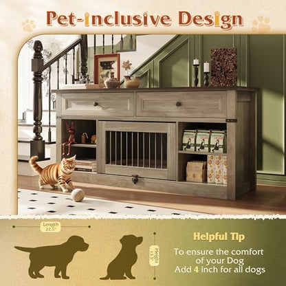 WLIVE Farmhouse TV Stand up to 65 Inch TV with 2 Storage Drawers & Open Shelves, Entertainment Center with Small Dog/Cat House, TV Cabinet for Living Room, Bedroom,Dog Crate Furniture(Grey Oak) - color: Grey Oak