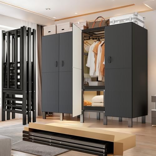 FPIGSHS Heavy Duty Clothes Rack with Black Magnetic Door 1300LBS Foldable Portable Wardrobe Closet for Hanging Clothing metal Garment Rack Closet System for Bedroom、Apartments, rentals (A, 80in) - color: A, size: 80in