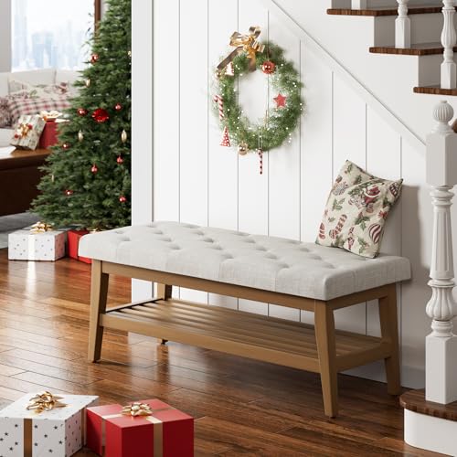 HUIMO Upholstered Entryway Shoe Bench, Button Tufted End of Bed Bench,Beige | with Solid Wood Slatted Shelf, Padded Ottoman Bench for Bedroom, Living Room, Entryway - color: Beige, style: French Country