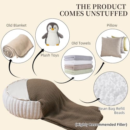 Unstuffed Pouf Ottoman Round Pouf Cover Soft Bean Bag, Beige | Cover Only, 20x20x8 In, Soft Short Plush, Ribbed Texture, Modern Style, Living Room, Bedroom, Reading Nook - color: Beige B