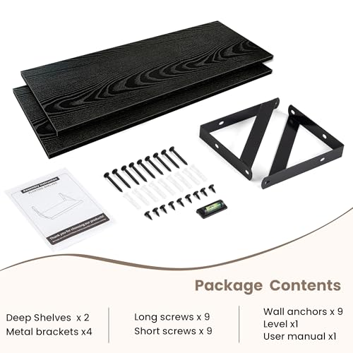 Dreamland Wall Mounted Floating Shelves Set of 2, 24x8, Black | Engineered Wood, Visible Bracket, Large Storage, Hold Up to 45lbs, Living Room, Bathroom, Bedroom, Kitchen - color: Black, size: 24"W x 8"D