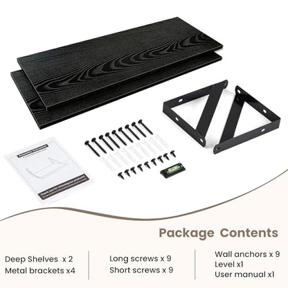Dreamland Wall Mounted Floating Shelves Set of 2, 24x8, Black | Engineered Wood, Visible Bracket, Large Storage, Hold Up to 45lbs, Living Room, Bathroom, Bedroom, Kitchen - color: Black, size: 24"W x 8"D