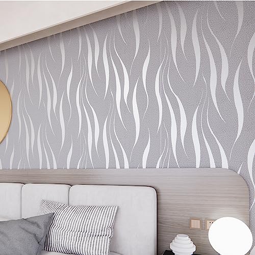 mamonhome Silver Gray Self Adhesive Removable Wallpaper Peel and Stick Wallpaper, 20.8" x 393" 3D Modern Water Waves Fashion Non-Woven Wallpaper for Livingroom, Bedroom, Kitchen, Bathroom. - color: water waves