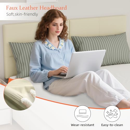 Upholstered Headboard Queen Size, Solid Wood Head Board with Sturdy Metal Legs, Leather Bed Headboard with Height Adjustable, Beige - color: Beige Gray, size: Queen