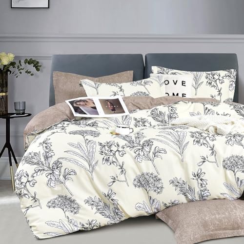 LEMIROE Floral Cotton Comforter Twin Size 2Pcs - Vintage Design with Luxurious Black Sketched Flowers & Leaves on Cream, Retro Taupe Reversible Lightweight Bedding Sets with Soft Fill(68"×90") - color: Vintage Floral - Taupe & Cream, size: Twin/Twin XL(68