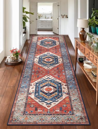 SERISSA 2'6"x10' Washable Non Slip Boho Runner Rug for Hallway，Rust | Ultra Soft Vintage Oriental Carpet Low-Pile Tribal Floor Carpet for Kitchen Stair Bedroom Bathroom Laundry Room - color: Rust/Multi, size: 2'6" x 10' (Runner)