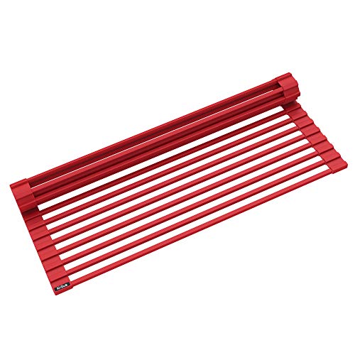 Kraus Multipurpose Over-Sink Roll-Up Dish Drying Rack, Colander and Trivet in Red, KRM-10RD - color: Red, size: 21 Inch - Regular Sink, style: Drying Rack
