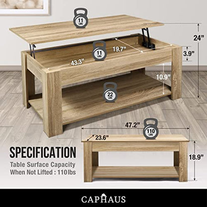 CAPHAUS 47' Natural Oak Lift Top Coffee Table with Storage, 110 lbs Capacity, 11 lbs Lifted - color: Natural Oak, size: 47"