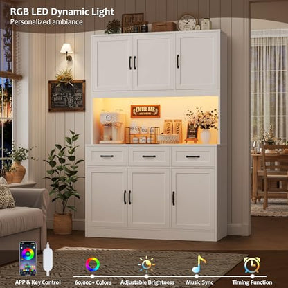 HOSTACK Kitchen Pantry Storage Cabinet, Tall Kitchen Hutch Cabinet, White | 47"W Food Pantry Cabinet with Smart LED / Charging Station / Countertop / 3 Large Drawers, 72"H Storage Hutch, Dining Room - color: White