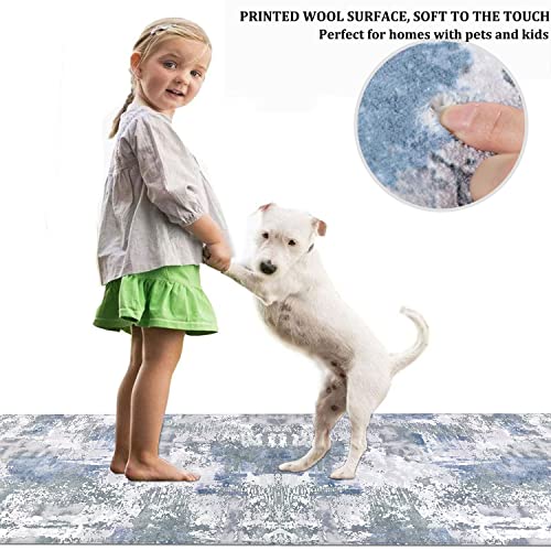 famibay 2x8 Runner Rug, Modern Runners for Hallways Non Slip, Washable Kitchen Runner Rugs, Abstract Low Pile Soft Carpet Runners for Hallway Bedroom Bathroom(Blue/Grey) - color: Blue and Grey, size: 2 x 8 feet