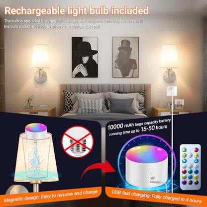 Wall Sconce Battery Operated Wall Light Fixure with Remote Control, Dimmable Battery Operated Wall Sconces Set Of Two, Indoor Wireless Wall Mounted Lamp with Rechargable Bulb For Bedroom Living Room - color: Nickel-SetOfTwo