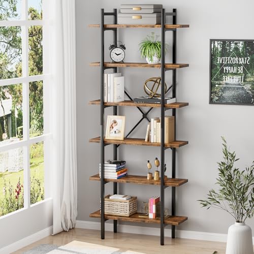 6 Tiers Bookshelf Organizer Industrial Tall Shelving, Modern Open Bookcase | Brown - color: Rustic Brown, size: 6-Tiers