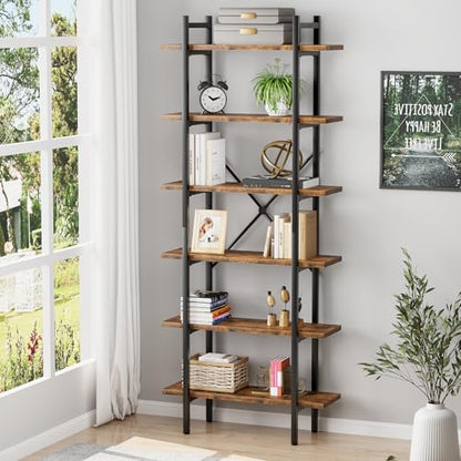 6 Tiers Bookshelf Organizer Industrial Tall Shelving, Modern Open Bookcase | Brown - color: Rustic Brown, size: 6-Tiers