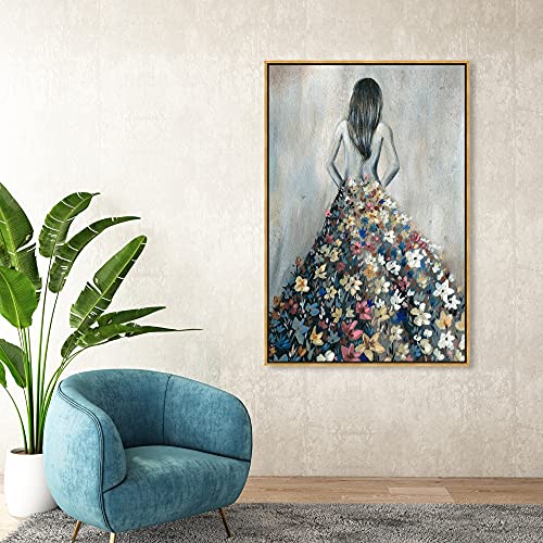 Oliver Gal Girl with Flower Thoughts Canvas Print Wall Art for Living Room, Bedroom, and Bathroom, 36" x 54", Gold Floater Frame - color: Gold Floater Frame, size: 54"L x 36"W