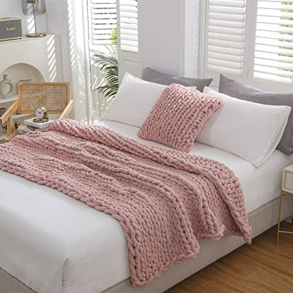 WESHIONGOO Chunky Knit Blanket Throw for Couch Bed 51"×63" Pink | 100% Handmade Knitted Throw blankets Fluffy Soft Blanket With Jumbo Chenille Yarn Thick - color: Pink, size: 51"x63"(Large Size Throw)