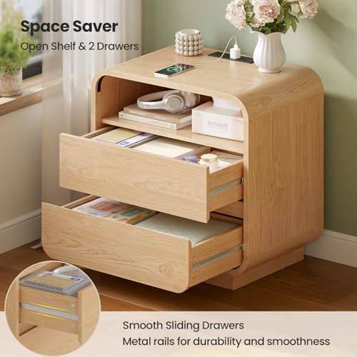 HAUOMS 23.6" Wide Wood Bedside Table, Curved Profile Design, Natural Oak | Charging Station, 2 Storage Drawers, 25" Tall Nightstand, Large Mid Century End Table, Bedroom/Living Room, Easy Assembly - color: Natural Oak