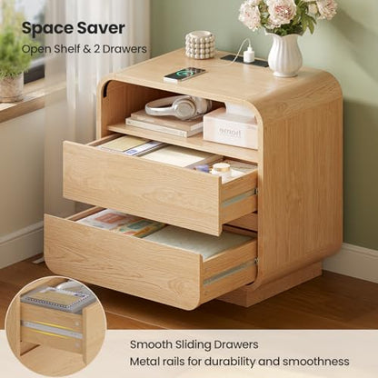 HAUOMS 23.6" Wide Wood Bedside Table, Curved Profile Design, Natural Oak | Charging Station, 2 Storage Drawers, 25" Tall Nightstand, Large Mid Century End Table, Bedroom/Living Room, Easy Assembly - color: Natural Oak