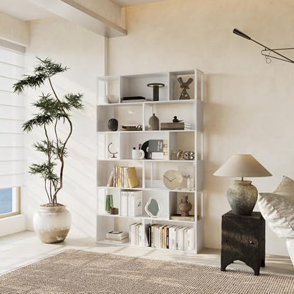 Garvee 6-Tier Bookshelf, Tall Geometric Bookcase, Modern Room Divider & Display Shelf with Anti-Tipping Devices, Mid Century Bookshelf for Living Room - color: White, style: 6-tier