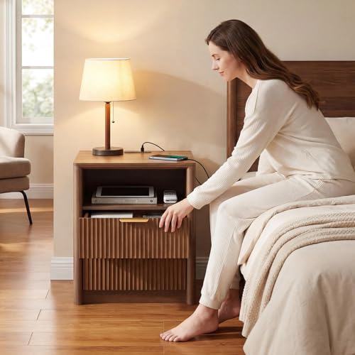 LYNCOHOME 19.7" Fluted Nightstands Set of 2 with Charging Station, 2 Drawer Bedside Table, Modern Night Stand with Curved Edge, Wooden End Table for Bedroom, Rounded Night Stand with Storage, Walnut - size: 15"D x 19.7"W x 24.2"H（2 Drawers）