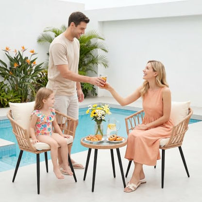 New 3 Piece Patio Bistro Set for Porch Backyard Lawn Poolside Deck, Beige | Handcrafted PE Rattan, Weather-Resistant, Modern Bohemian Design, Easy-Clean Surface, Compact Space Fit - size: NEW 3 Pieces