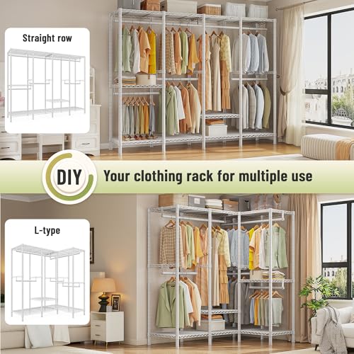 Raybee Heavy Duty Clothes Rack, 1150lbs Capacity, Adjustable | 76" W Freestanding, Steel Structure, 4 Rods & 6 Shelves, Tool-Free Assembly, Sturdy for Closet, Bedroom, White - color: White, style: Heavy Duty Clothes Rack