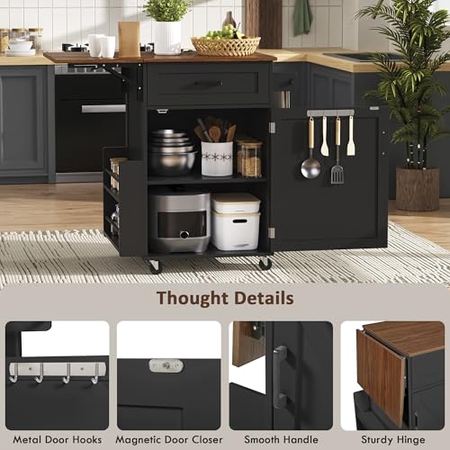 39.3" Farmhouse Kitchen Island with Drop Leaf and Open Side Rack, Small Kitchen Rolling Cart with Drawer and Storage Cabinet, Mobile Dining Table with Lockable Wheels and Towel Rack for Garden Black - color: Black