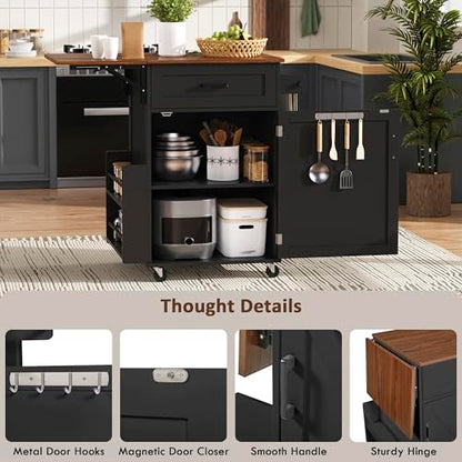 39.3" Farmhouse Kitchen Island with Drop Leaf and Open Side Rack, Small Kitchen Rolling Cart with Drawer and Storage Cabinet, Mobile Dining Table with Lockable Wheels and Towel Rack for Garden Black - color: Black