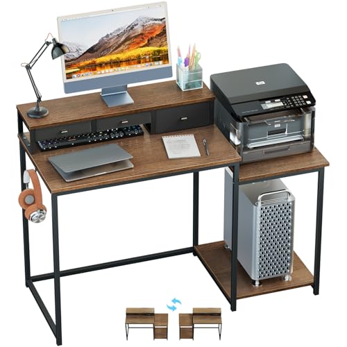 SINPAID 47" Rustic Computer Desk with Monitor Stand with Storage,Brown | Large Desk with Monitor Stand and Drawers, Home Office Writing Desk with Storage Shelves and 2 Hooks - color: Walnut