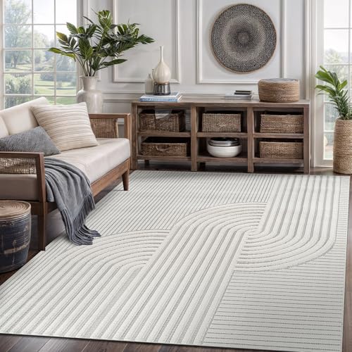 Modern Rug 5x7 Luxury Swirl Curved Micro Loop Area Rugs Soft High-Low Pile Stain Resistant Easy to Clean Non-Shedding Durable Living Room Office Indoor Carpet (White) - color: Curved / White, size: 5' x 7' (Rectangular)
