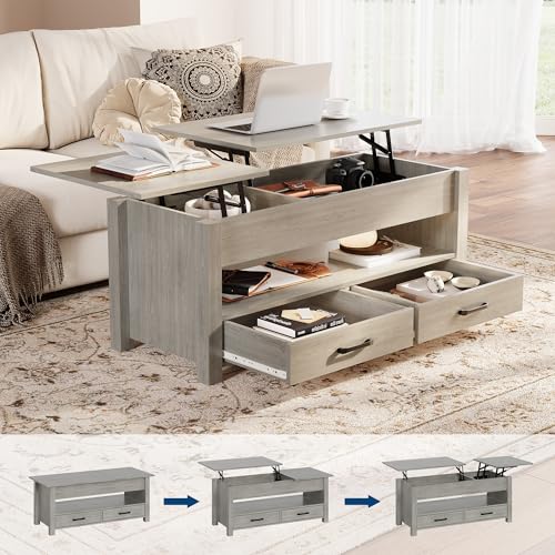 Multifunctional Lift Top Coffee Table, Convertible Wooden Coffee Table with 2 Drawers & Hidden Compartment, Storage Center Table for Living Room Home Office,Grey - color: Grey