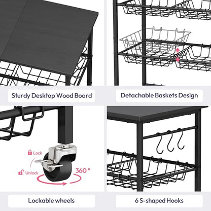 SWTYMIKI 24.4''x15.7'' Rolling Microwave Cart - 4 Tier Microwave Table Stand with 6 Storage Baskets, Coffee Bar with Wheels, Kitchen Utility Cart Shelf Rack Organizer for Vegetables, Potato, Black - color: Black