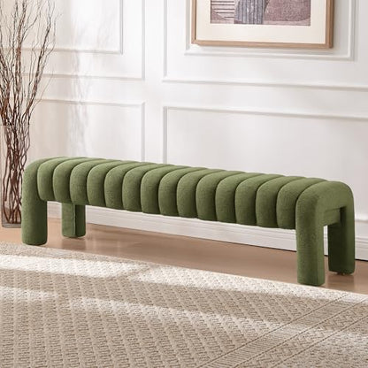 63” Dining Room Bench, Green Tufted Upholstered End of Bed Bench, Modern Entryway Ottoman Window Seat with Solid Wood Legs and Padded Seat for Bedroom, Hallway and Living Room (Boucle) - color: Green Boucle, size: 63"