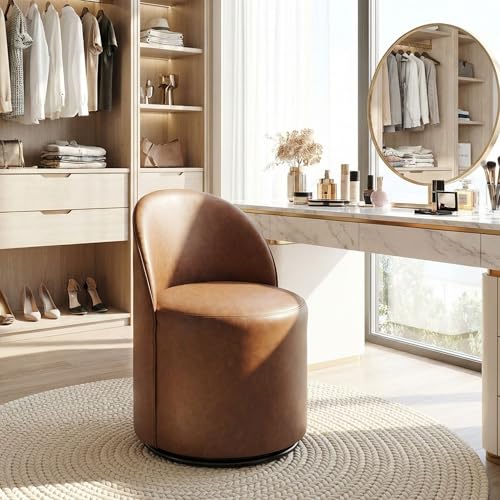HNY Upholstered Kitchen & Dining Room Barrel Chair, Mid Century Modern Round Leather Dining Chair, 360 Degree Swivel Comfy Armless Accent Makeup Vanity Side Chair for Bedroom Living Room, Brown - color: Brown
